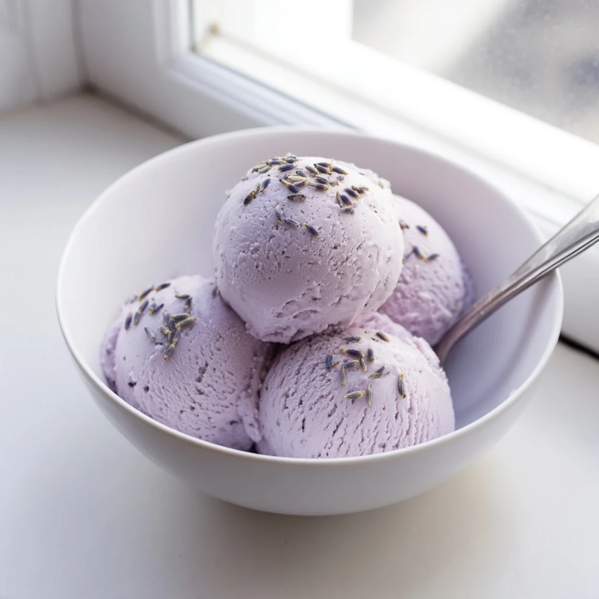 Elegant dessert plating of Lavender Ice Cream beside a delicate shortbread cookie, highlighting its floral aroma and rich, velvety texture.