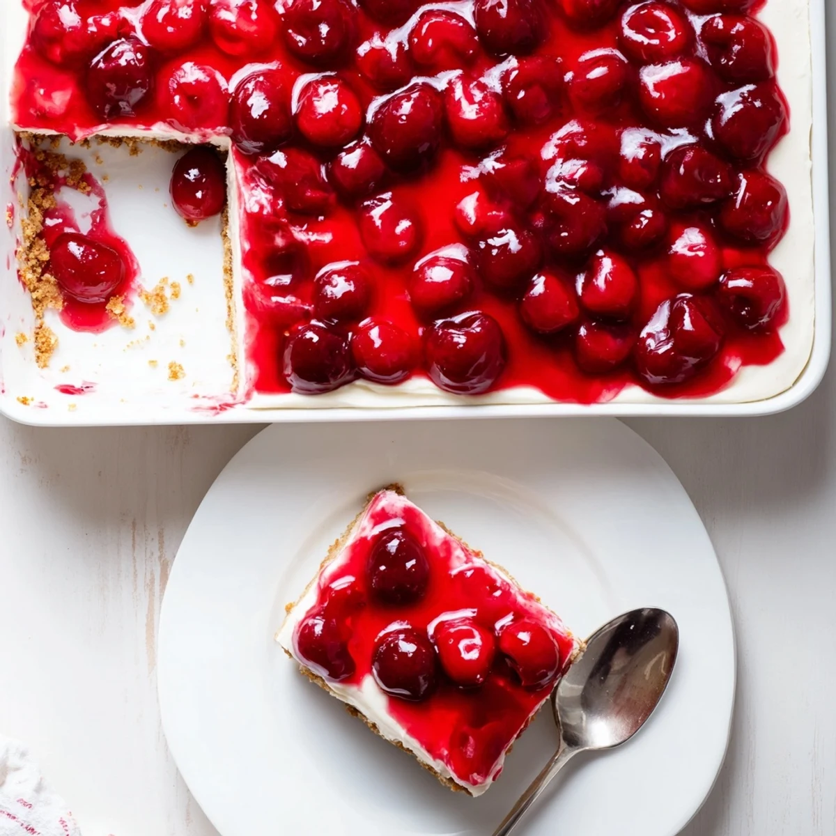 This Classic Cherry Delight dessert features a smooth cream cheese filling and a crunchy crust for a chilled treat.