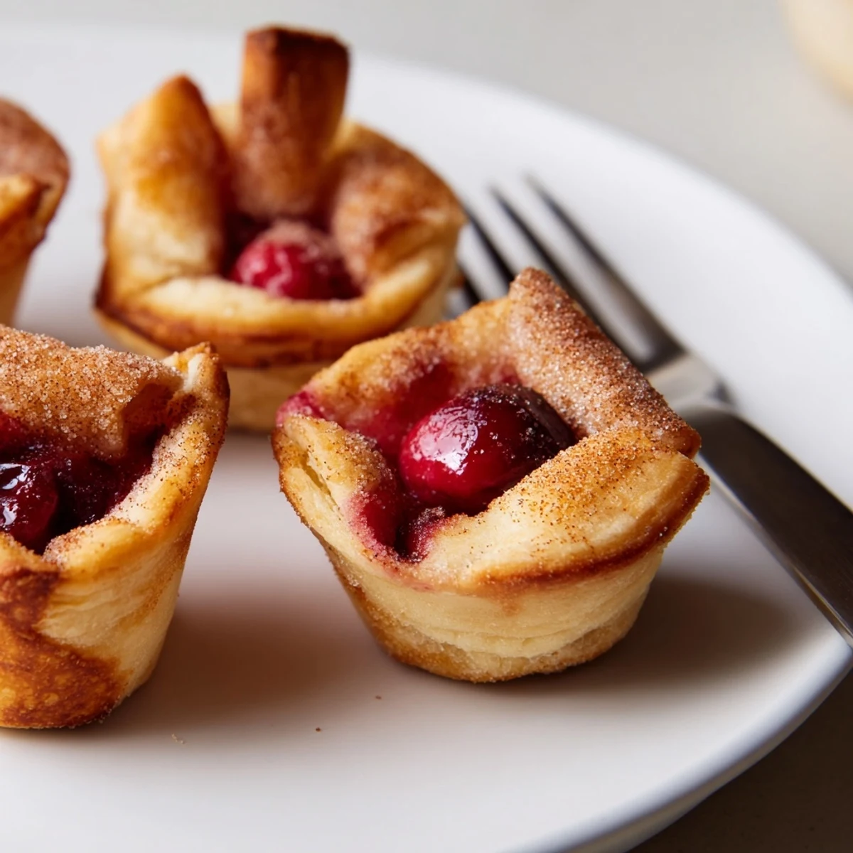 Three golden-brown Quick Cherry Pie Bites with bubbly red filling sit on a wire rack. 