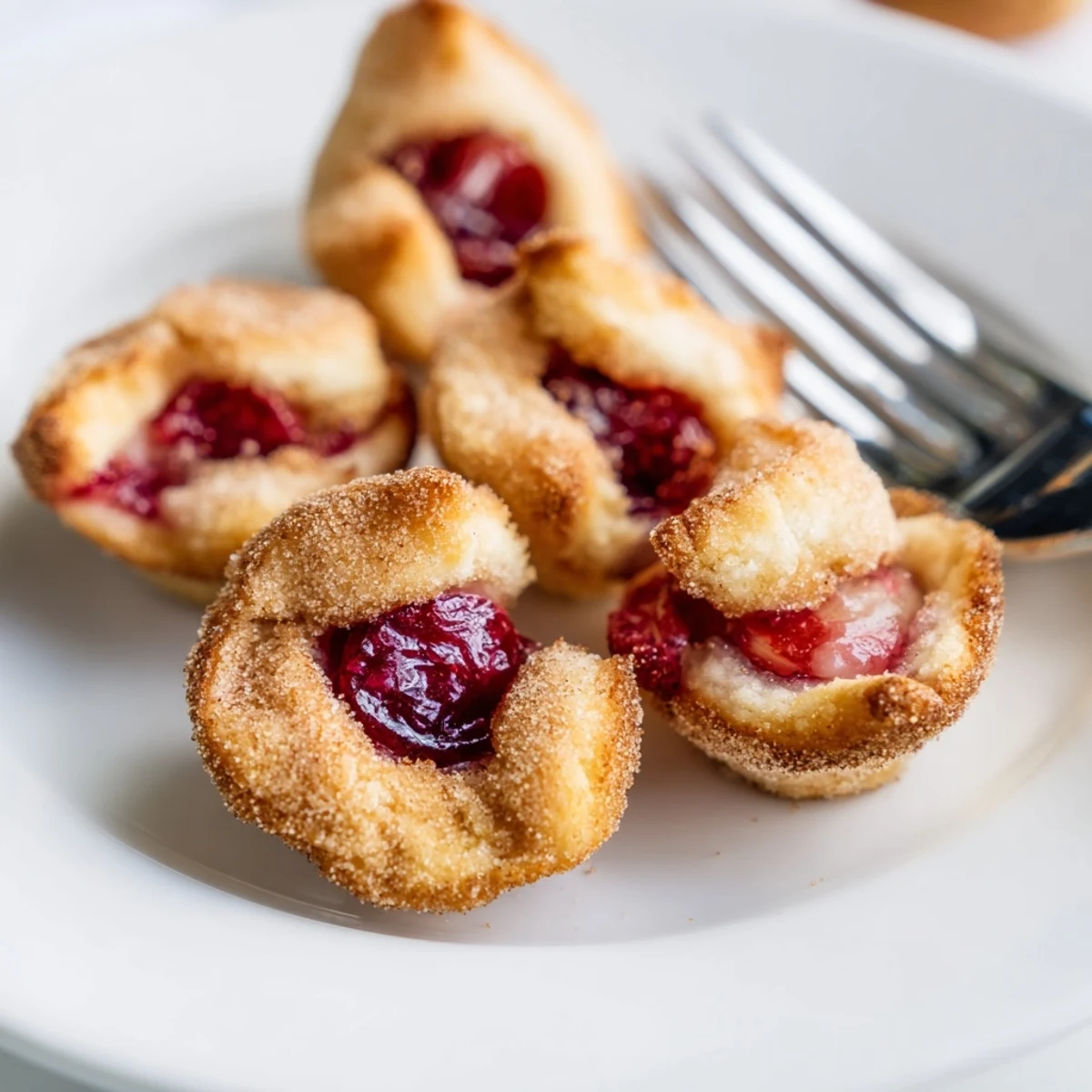 Cinnamon-sugar sprinkled Quick Cherry Pie Bites in a mini muffin tin with golden edges.