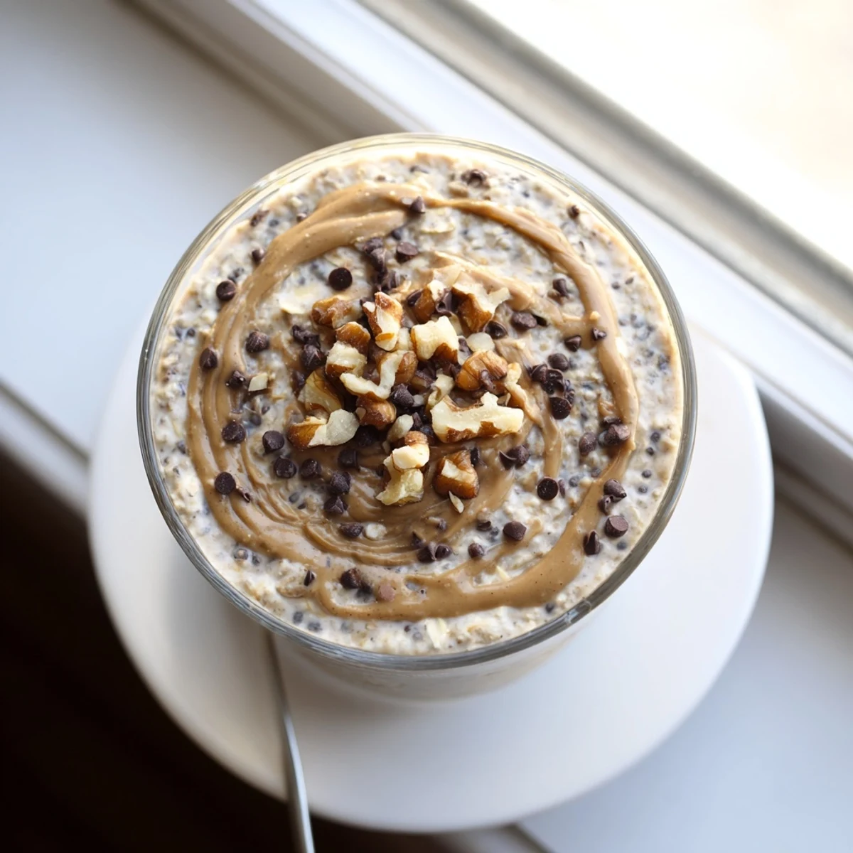 A close-up of chilled Cookie Dough Overnight Oats in a glass jar, swirled with almond butter and sprinkled with chocolate chips.