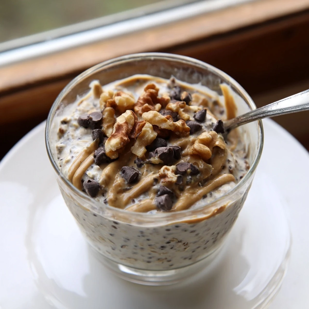 Ready-to-eat Cookie Dough Overnight Oats in a rustic bowl, garnished with sliced banana and extra nuts for a wholesome breakfast.