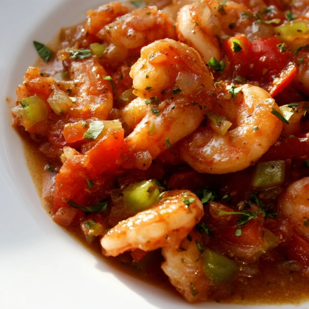 Steaming Bubba Gump Shrimp New Orleans in a cast-iron skillet with vibrant diced peppers and onions.  