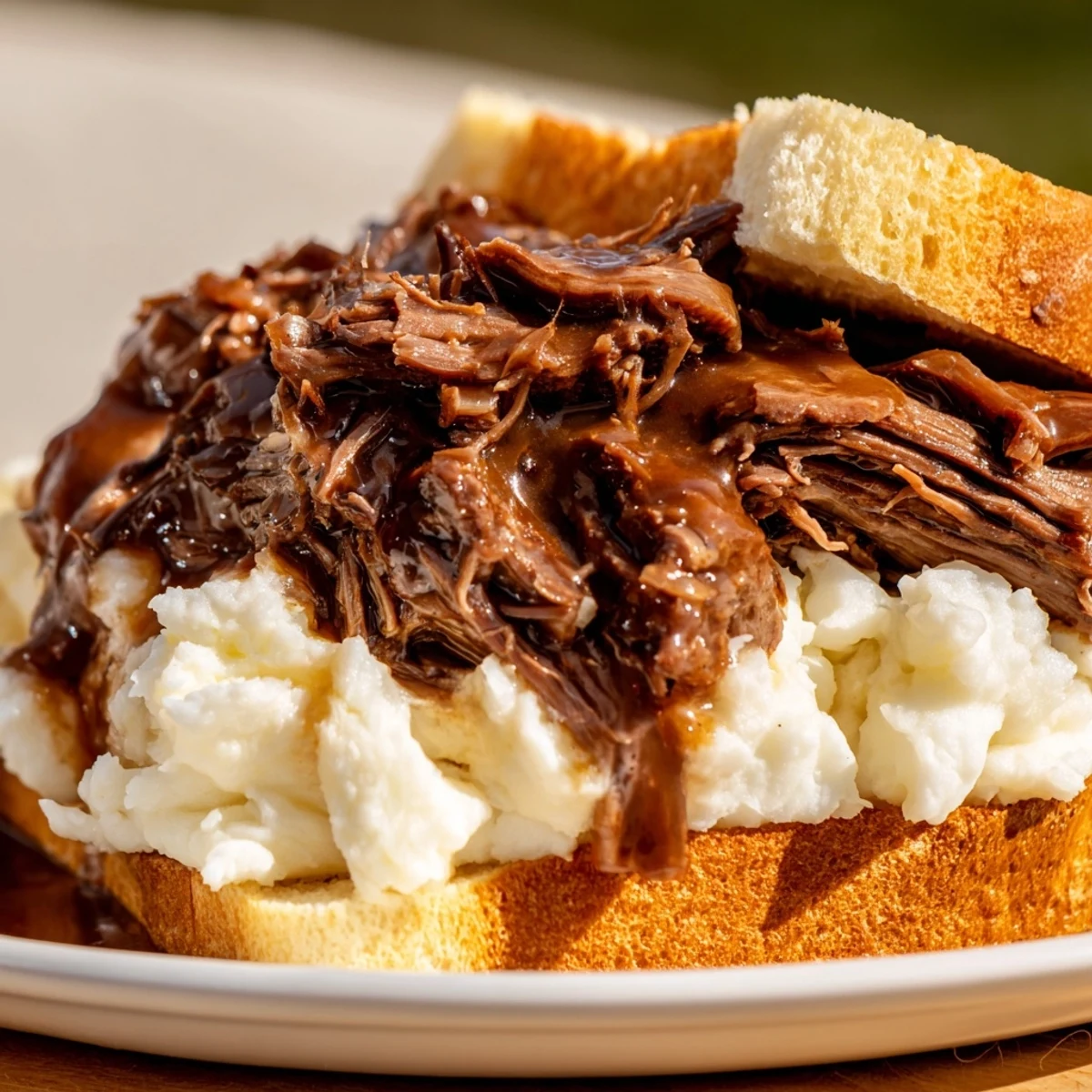 Golden-brown shredded Slow Cooker Beef Manhattan piled high on thick white bread, topped with creamy mashed potatoes and rich brown gravy.