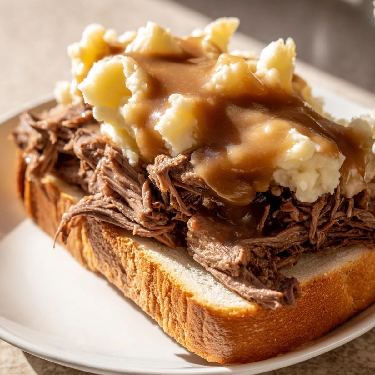 Close-up of Slow Cooker Beef Manhattan showing shredded beef, buttery potatoes, and glossy gravy over a slice of toast.