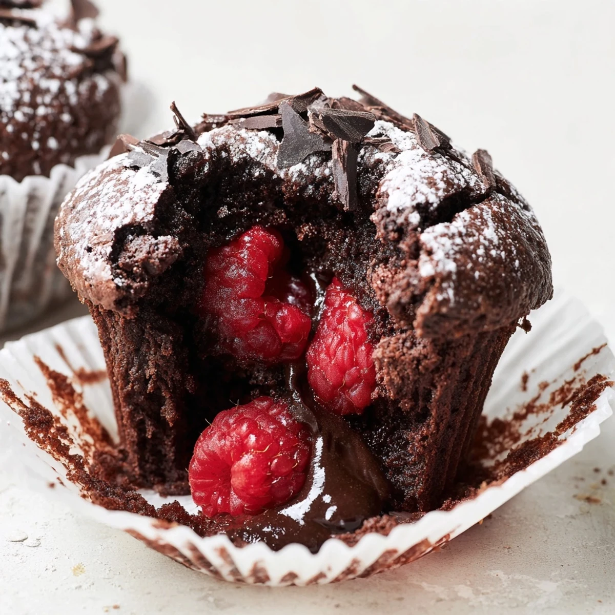 Moist chocolate cupcakes with a raspberry-filled molten center, perfect for a special occasion or holiday gathering.