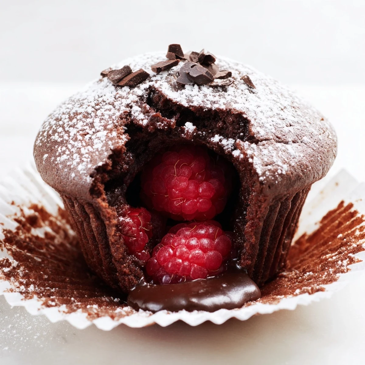 Freshly baked Raspberry Chocolate Lava Cupcakes dusted with powdered sugar and served warm on a rustic wooden platter.