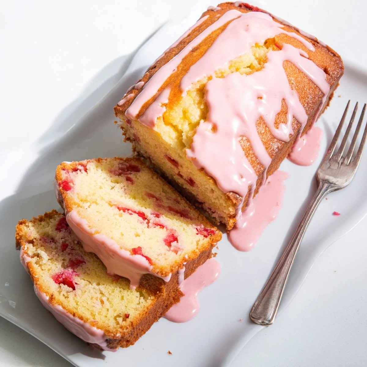 Close-up of a Strawberry Milkshake Pound Cake loaf with moist crumb and glossy strawberry glaze, ready for dessert.