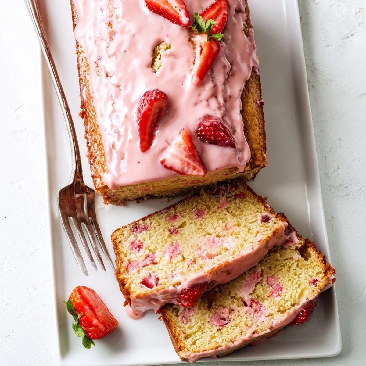 A slice of Strawberry Milkshake Pound Cake on a white plate, drizzled with creamy pink glaze and topped with fresh strawberries.