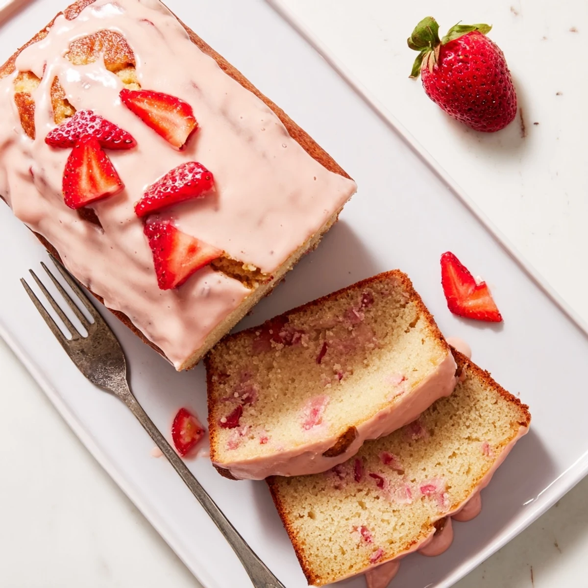 Freshly glazed Strawberry Milkshake Pound Cake bundt on a cooling rack, garnished with ripe strawberries for an afternoon treat.