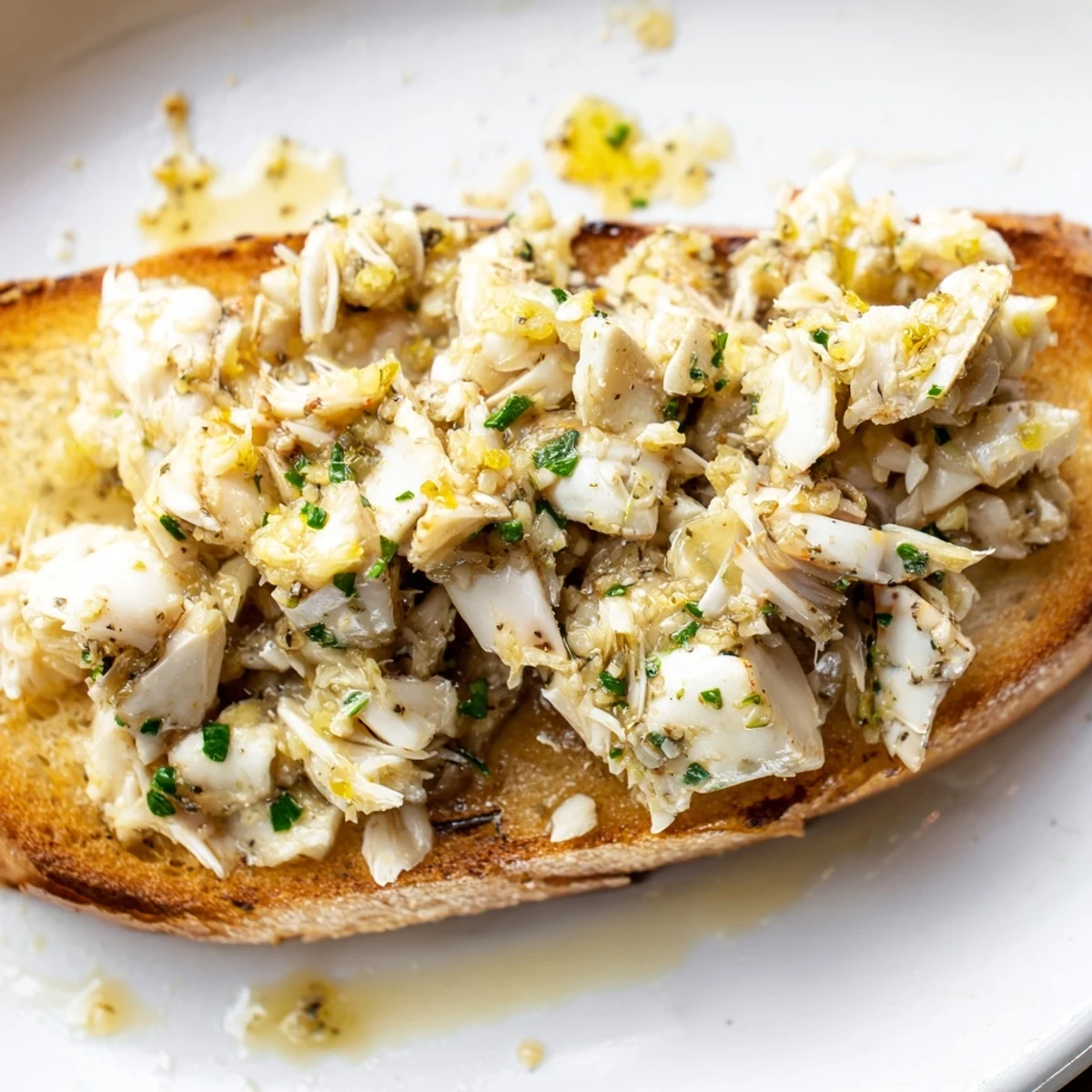Golden toasted bread topped with warm garlic butter crab mixture, garnished with fresh parsley and lemon wedges.