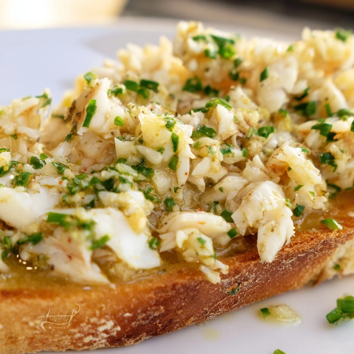 Crisp baguette slices holding succulent lump crab in rich garlic butter, served as an elegant warm appetizer.