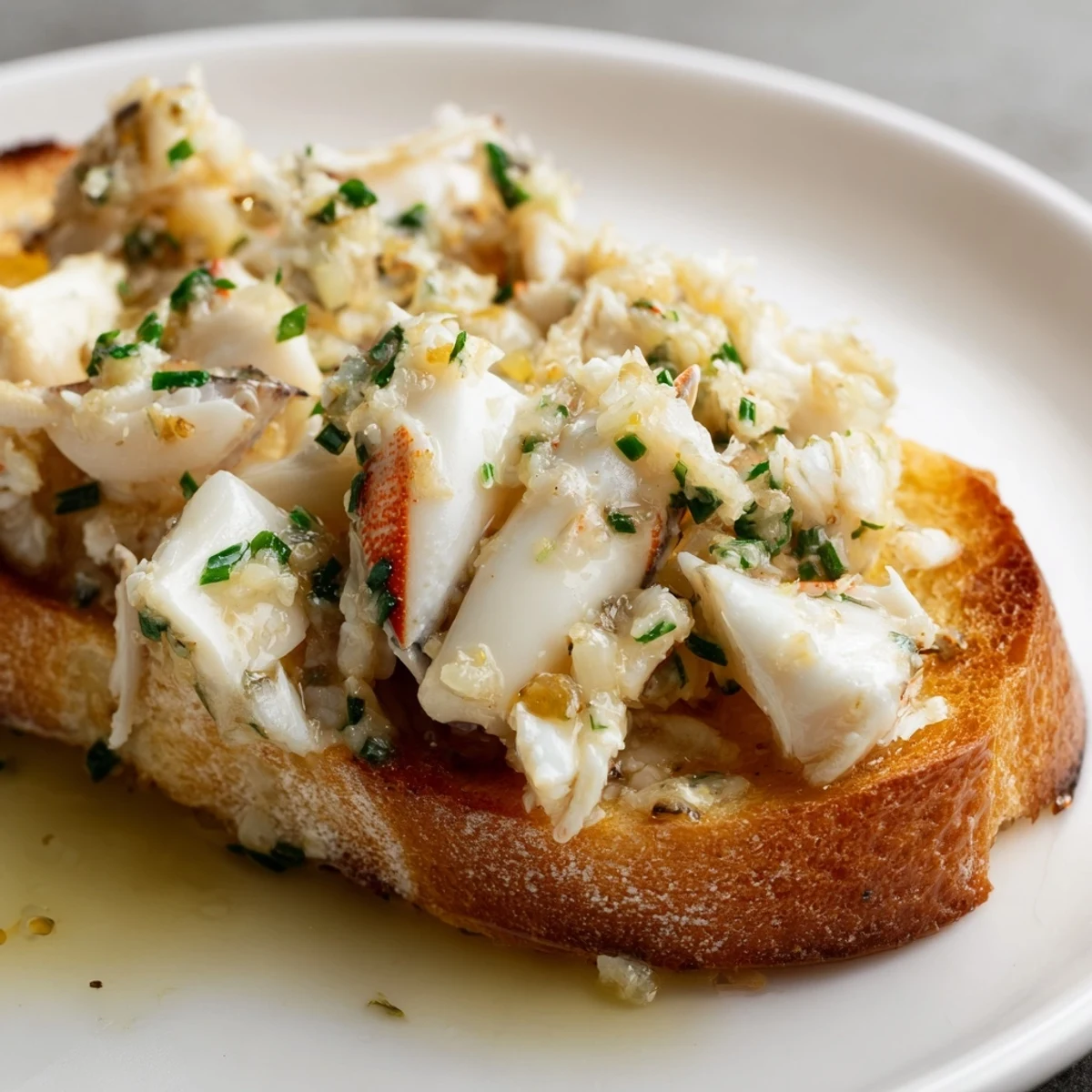 Close-up of savory garlic butter crab toasts with fresh herbs, perfect for a light meal or party.