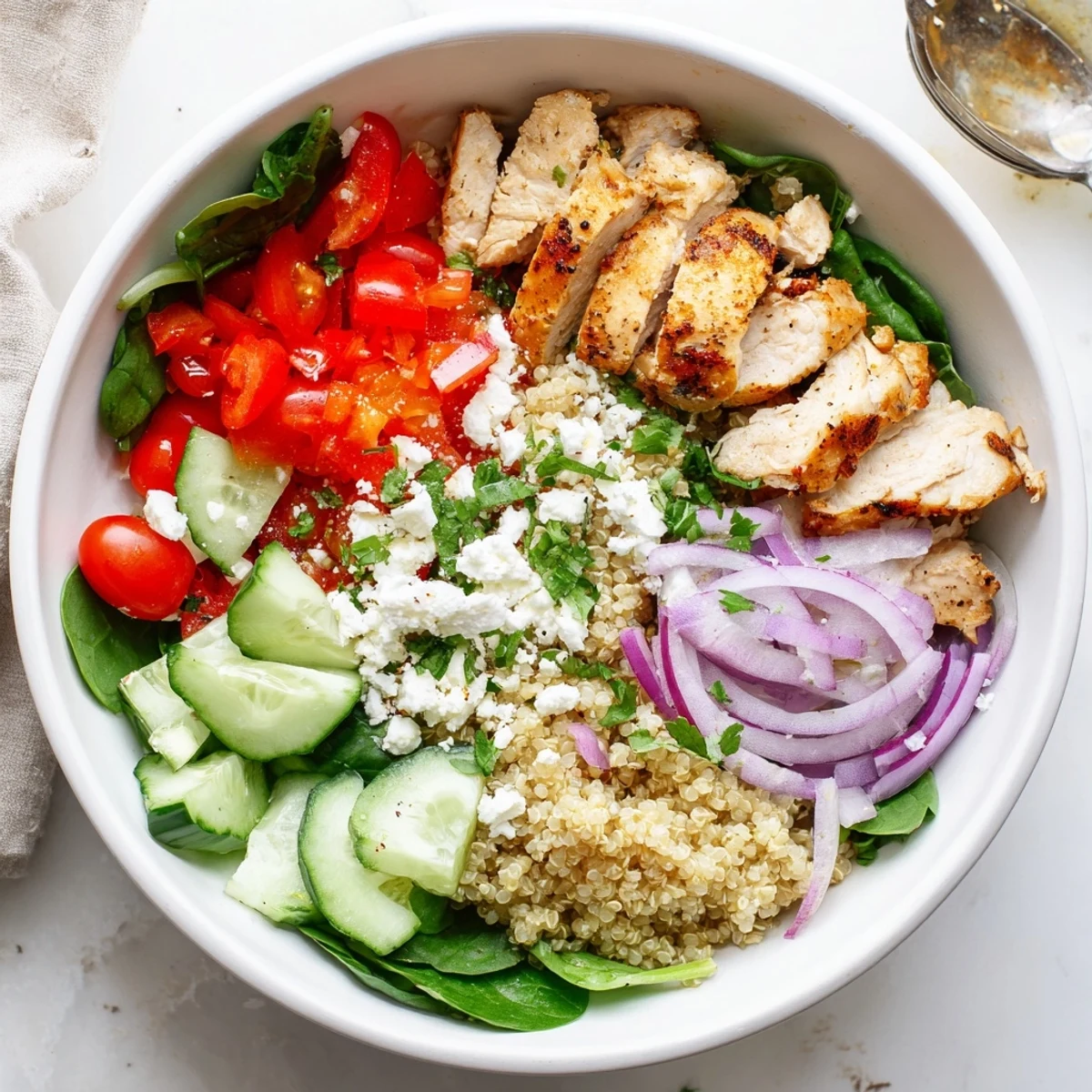 A colorful, healthy bowl of Easy High-Protein Chicken & Quinoa Bowl topped with crumbled feta cheese, diced red bell pepper, and fresh parsley, served on a white plate.