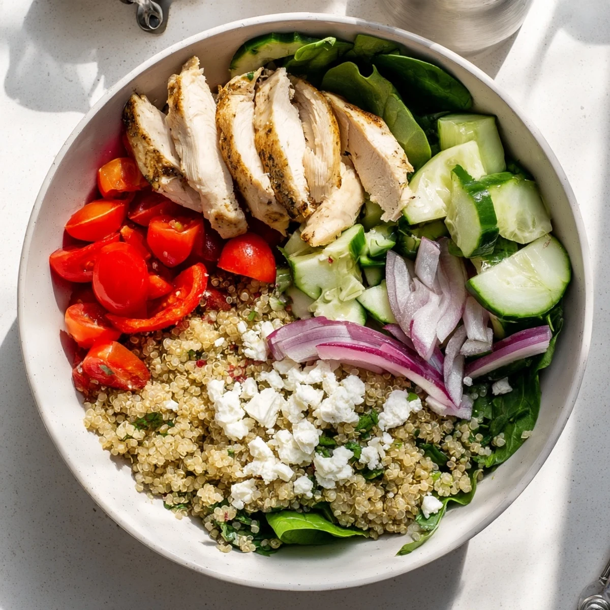 Nutritious meal prep friendly bowl of Easy High-Protein Chicken & Quinoa Bowl featuring tender meat, vibrant vegetables, and a zesty olive oil dressing, ready to be enjoyed immediately.