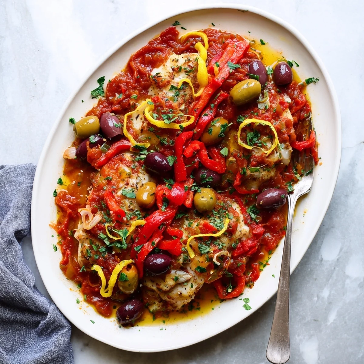 Four baked cod fillets sit in a fragrant tomato sauce with briny Kalamata olives, capers, and fresh herbs on a white plate, ready to serve.