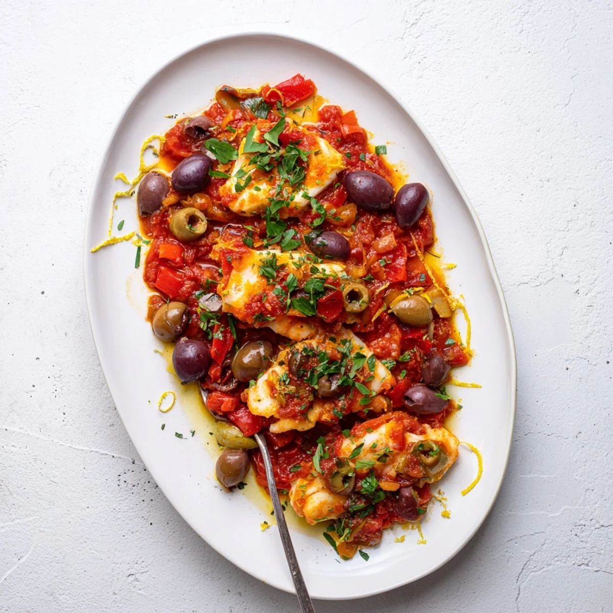 The Mediterranean Baked Cod With Olives bakes to flaky perfection in a rich tomato sauce, garnished with parsley and lemon zest.