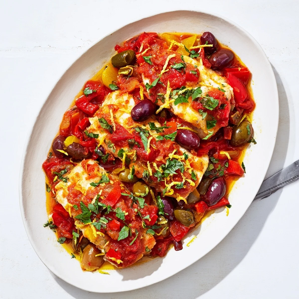 Close-up of Mediterranean Baked Cod With Olives, showing tender fish pieces flaking with a fork next to crusty bread for dipping.