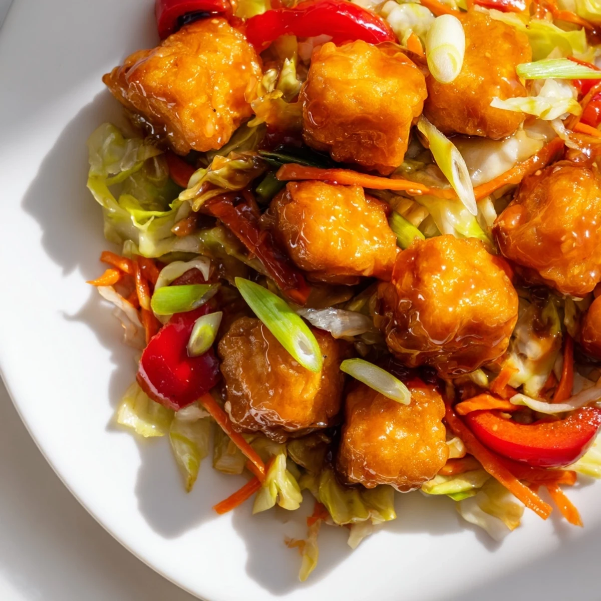 A close-up of golden-brown Stir Fried Tofu and Cabbage with colorful bell peppers and onions on a white plate.