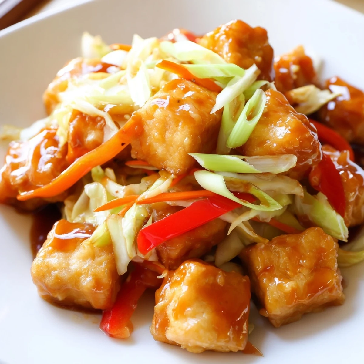 Vegan Stir Fried Tofu and Cabbage tossed in a glossy sesame sauce, ready to be enjoyed with a side of steamed rice.