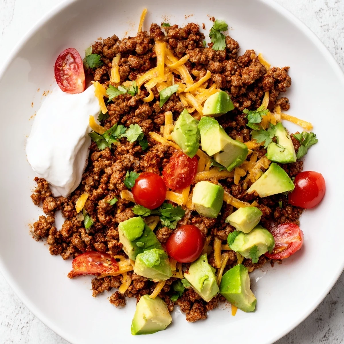 Low carb burrito bowl with seasoned ground beef, fresh avocado, and crisp lettuce on a bed of cauliflower rice.
