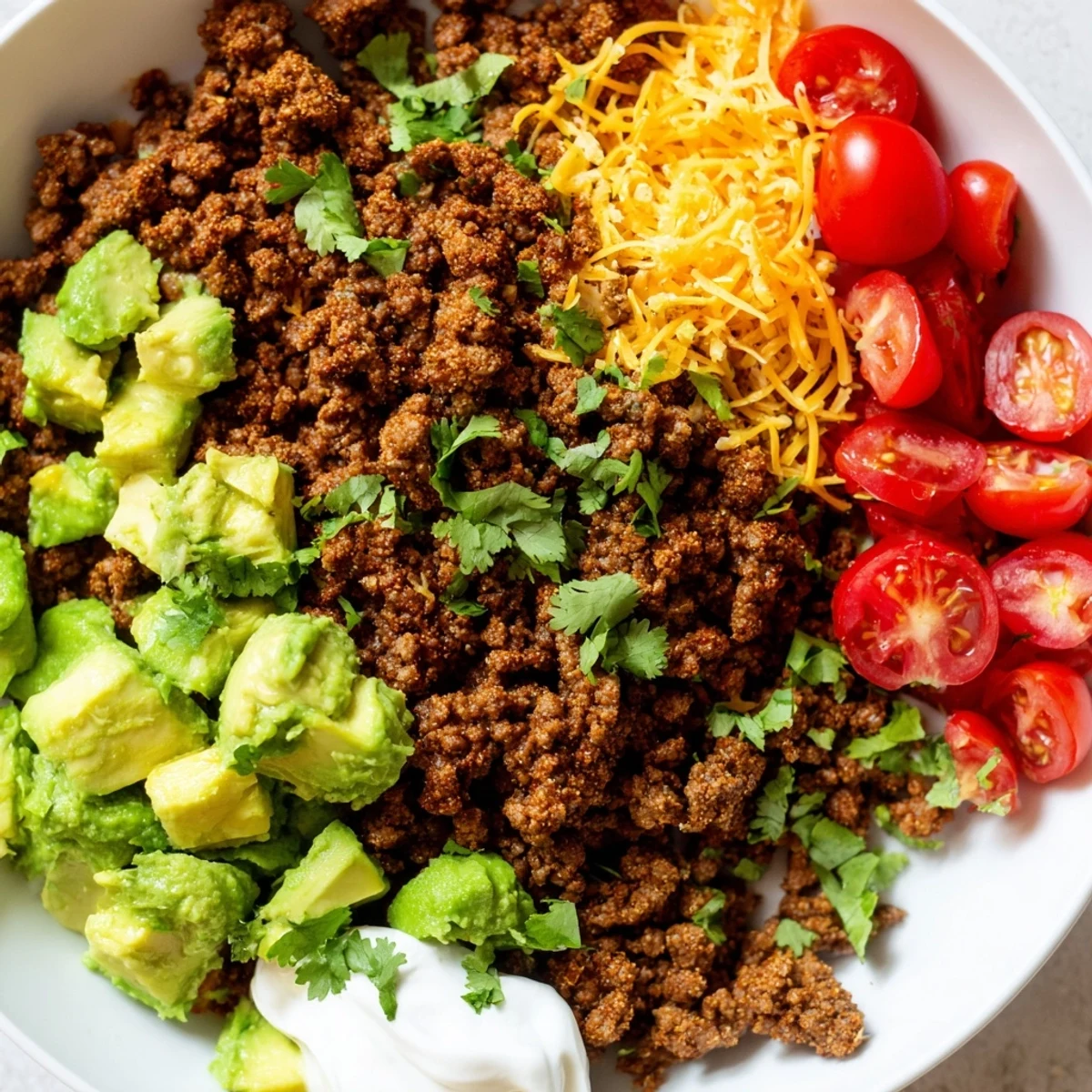 Low carb burrito bowl featuring vibrant vegetables, cilantro garnish, and lime wedges for a zesty finish.