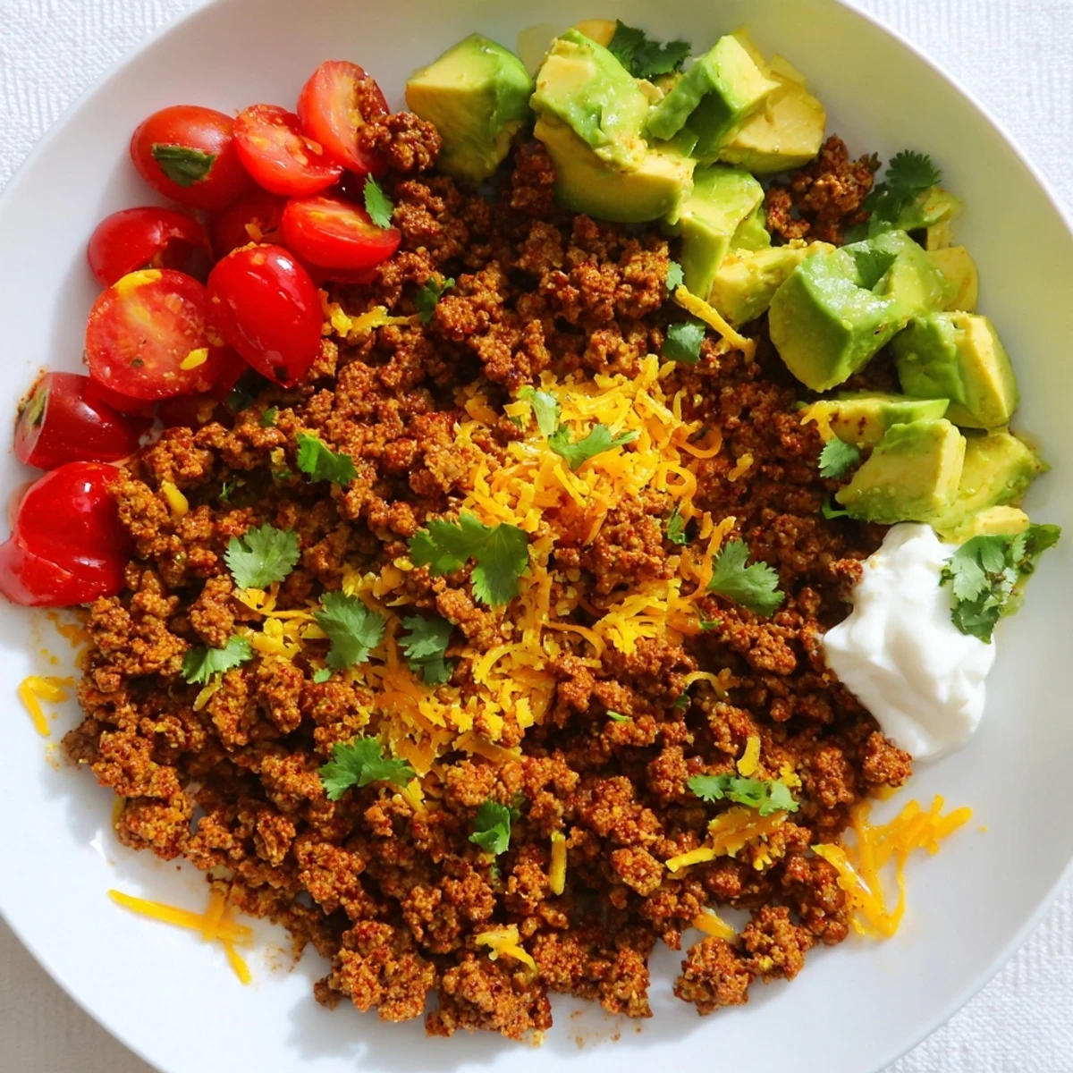 A low carb burrito bowl topped with cherry tomatoes, shredded cheddar cheese, and a dollop of sour cream.