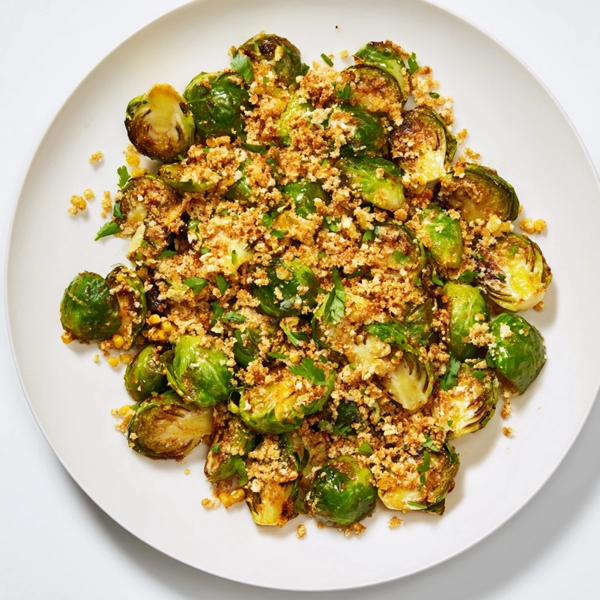 Golden-brown crispy roasted Mexican Street Corn Brussels Sprouts glistening with creamy elote-style dressing and fresh cilantro garnish.