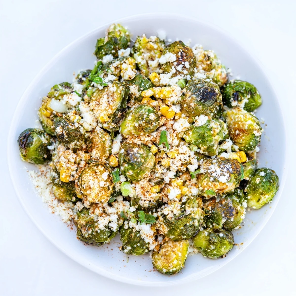Vibrant side dish of Mexican Street Corn Brussels Sprouts served warm, showcasing charred corn and spicy chili powder dusting.