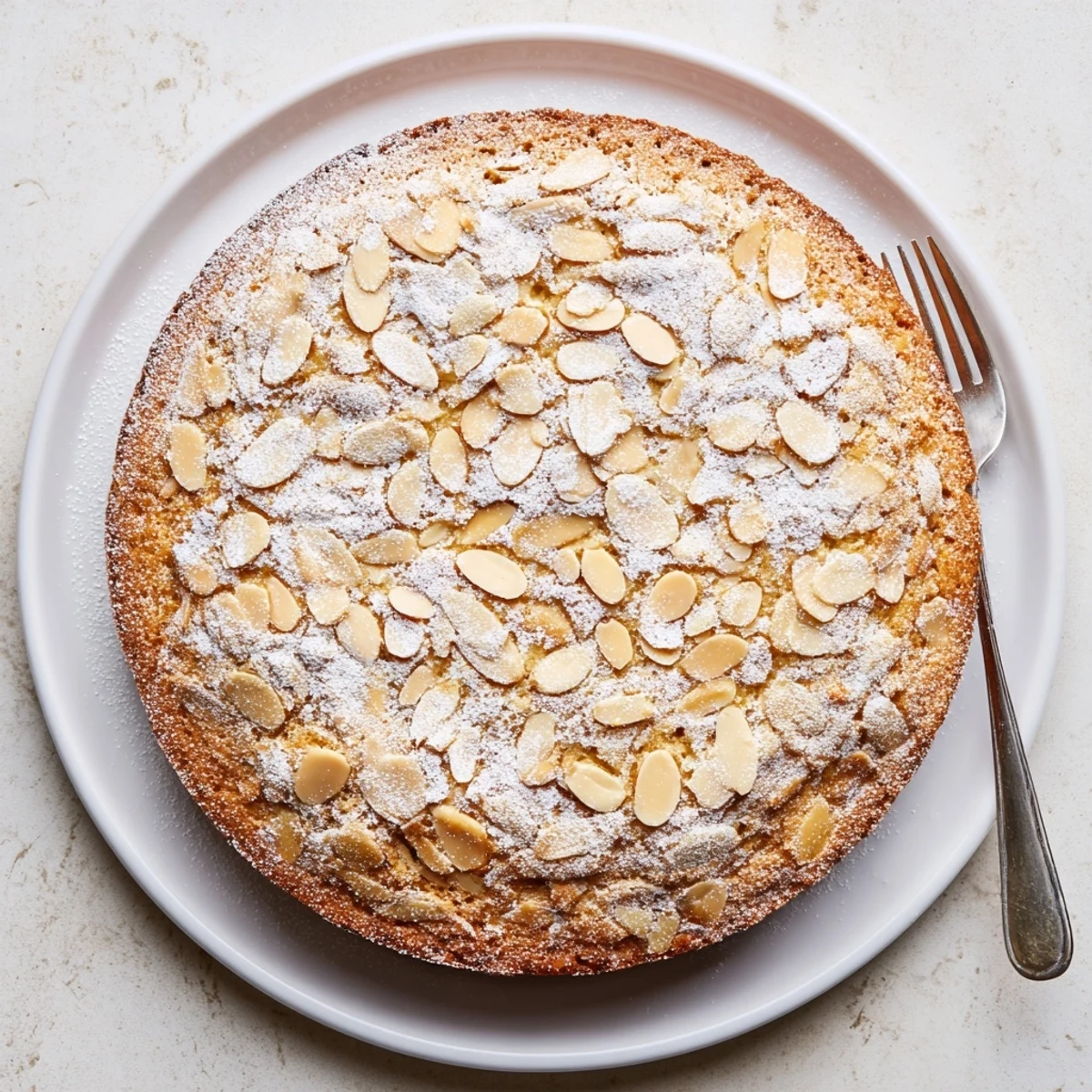 A freshly baked almond cake cooling on a wire rack with sliced almonds on top and powdered sugar dusting.