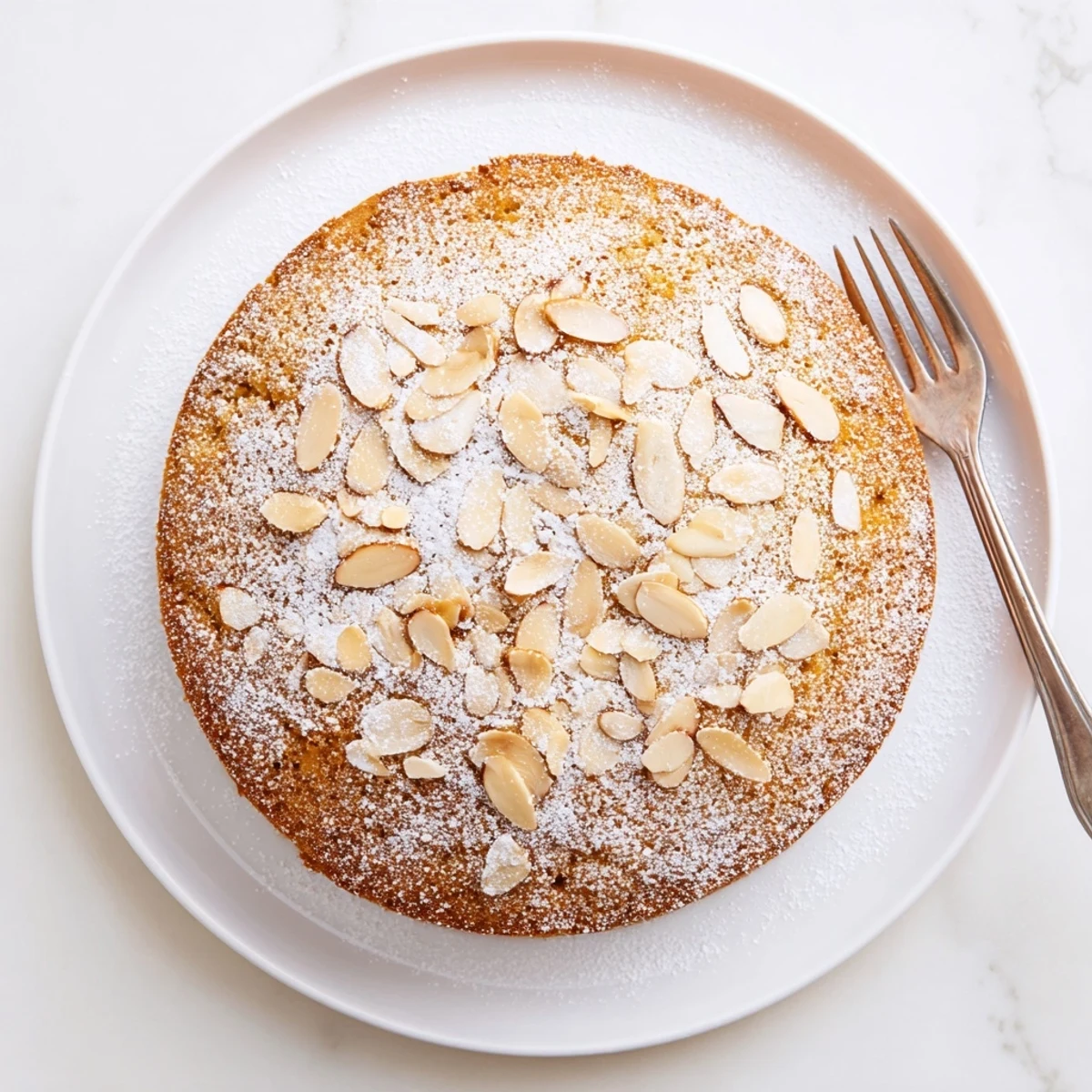 Close up of a moist almond cake slice showing tender crumb and golden sliced almond topping on a white plate.