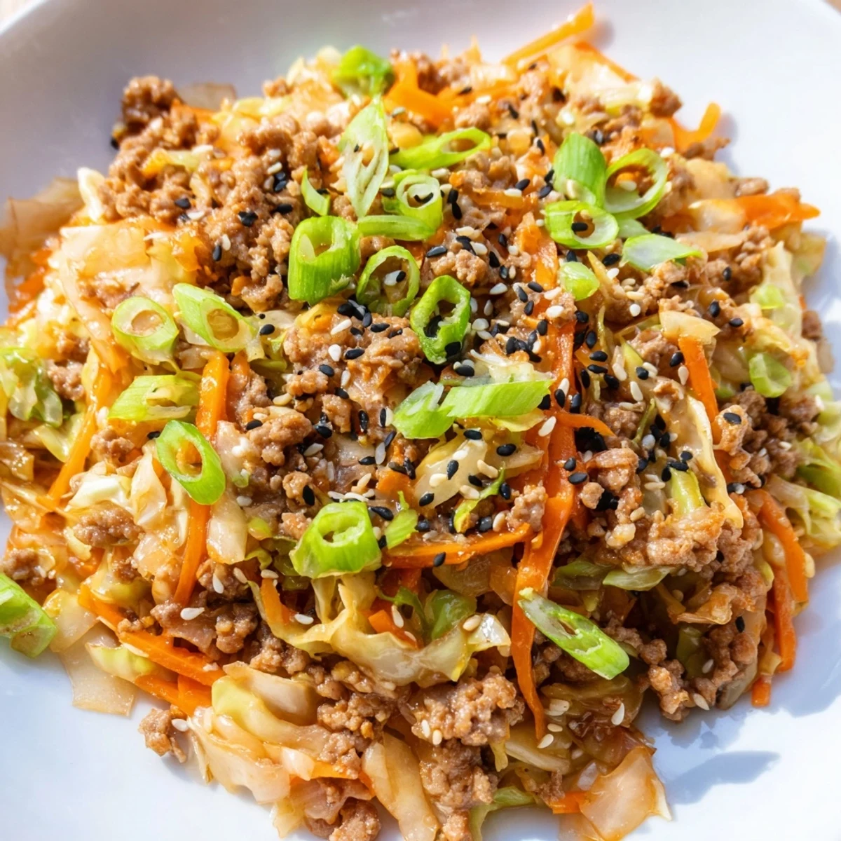 Steaming ground pork with shredded cabbage in Egg Roll In A Bowl for a keto-friendly dinner.