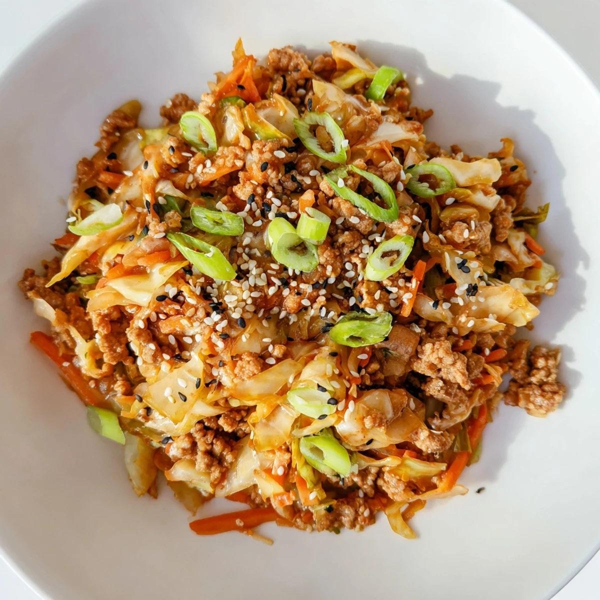 A skillet of savory Egg Roll In A Bowl topped with chili sauce, ready to serve over cauliflower rice.