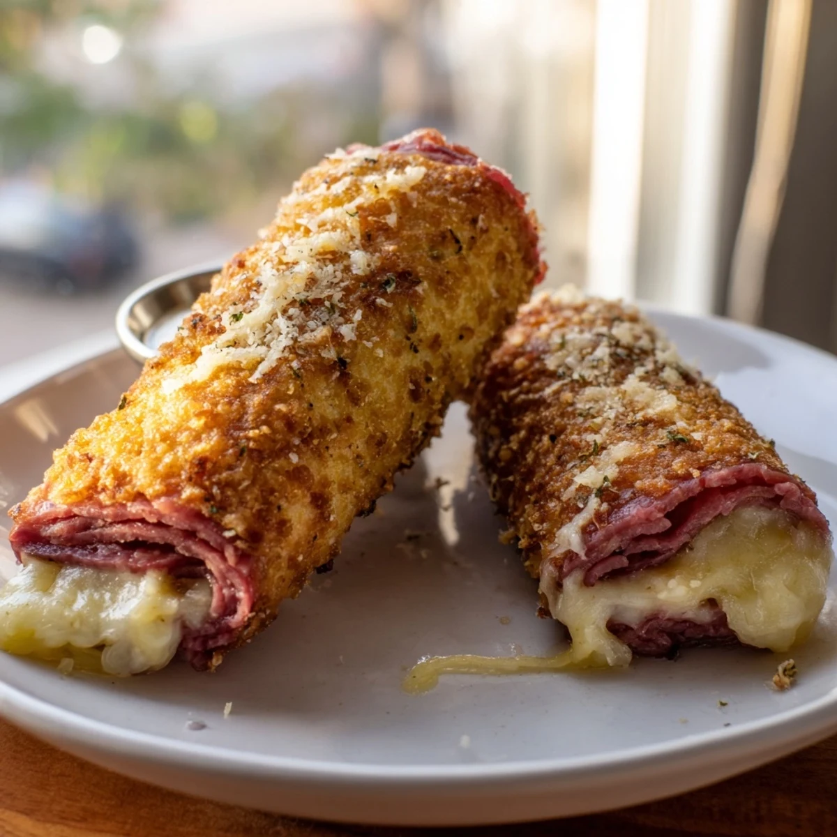 Golden Keto Crispy Reuben Roll Ups baked to crisp perfection, filled with corned beef and melted Swiss cheese.