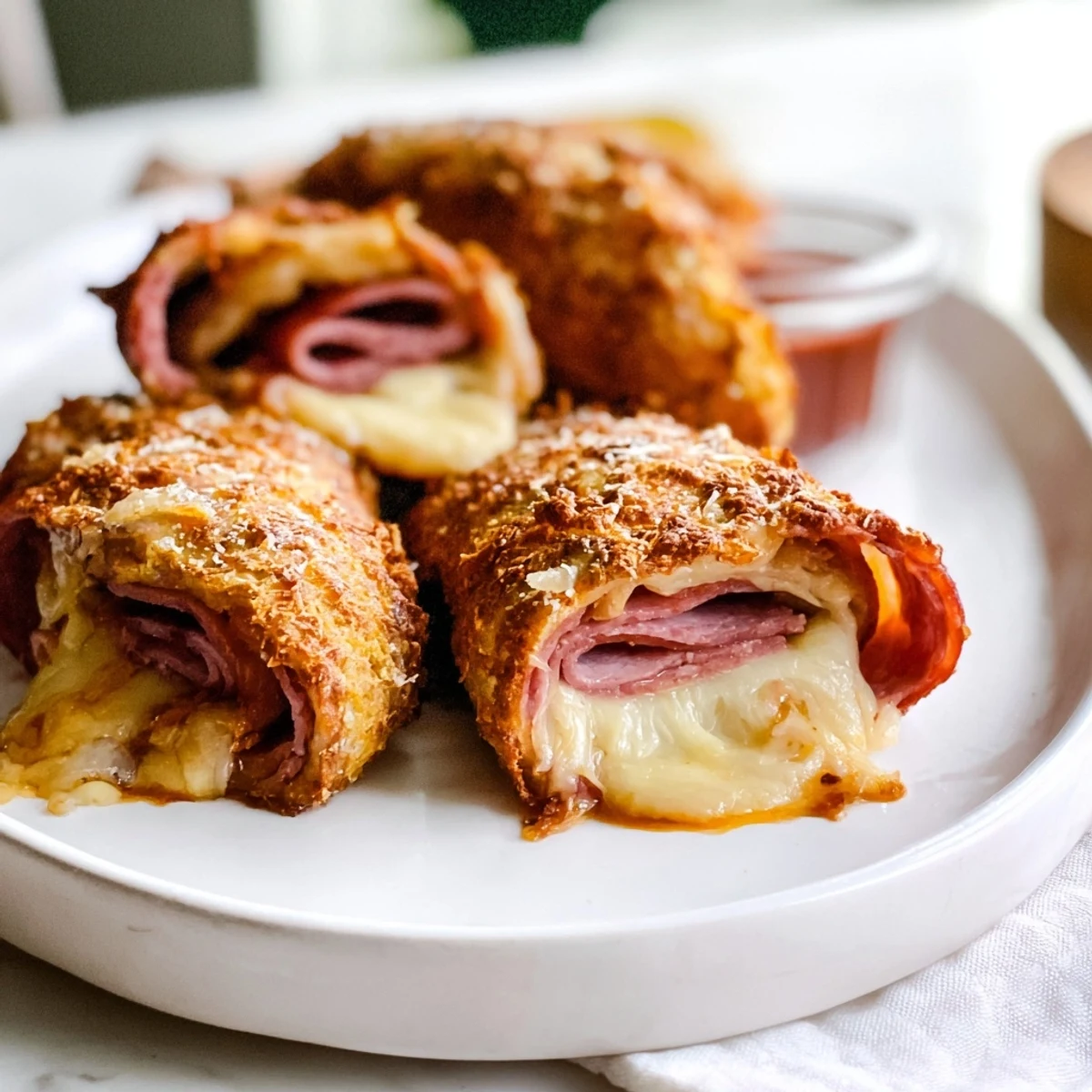 Freshly baked Keto Crispy Reuben Roll Ups showcasing the melty Swiss cheese and tangy sauerkraut filling inside.