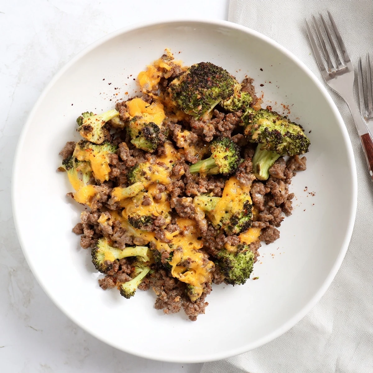 A low-carb dinner idea with sizzling beef, tender veggies, and creamy cheese, plated for an easy weeknight meal.