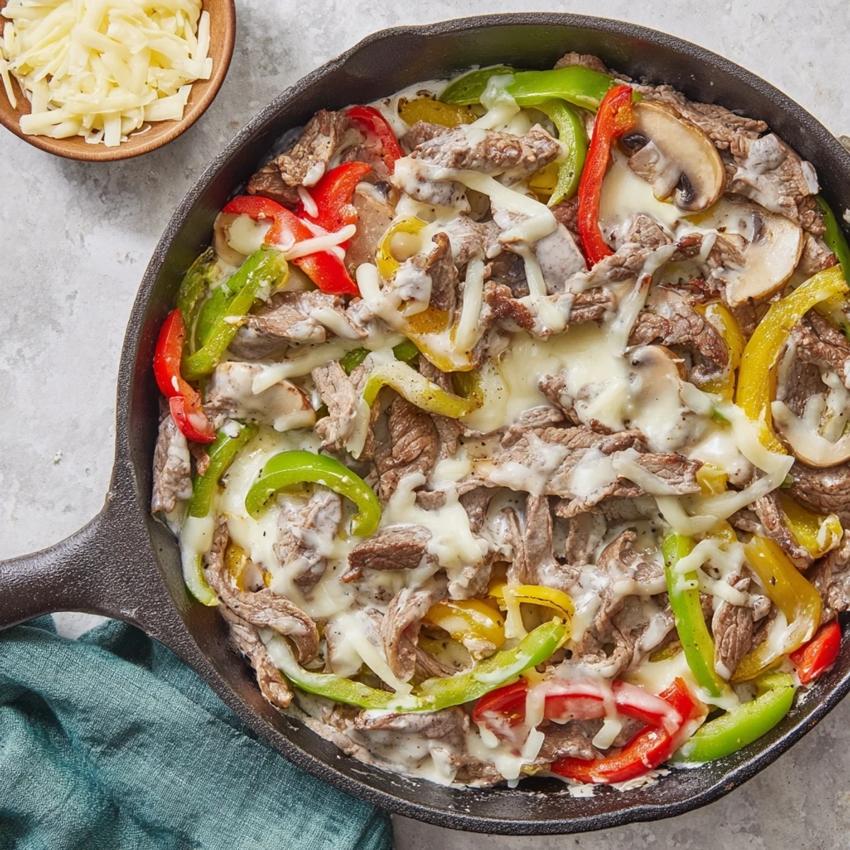 Golden bell peppers and onions sautéed with tender beef, all smothered in a creamy cheese sauce in a hot skillet.