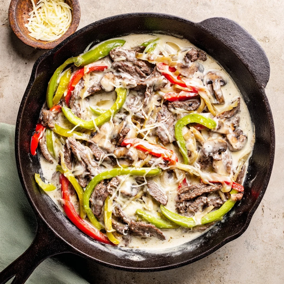 One-skillet dinner of low-carb Philly cheesesteak with bubbling cheese, peppers, and onions for a satisfying keto meal.