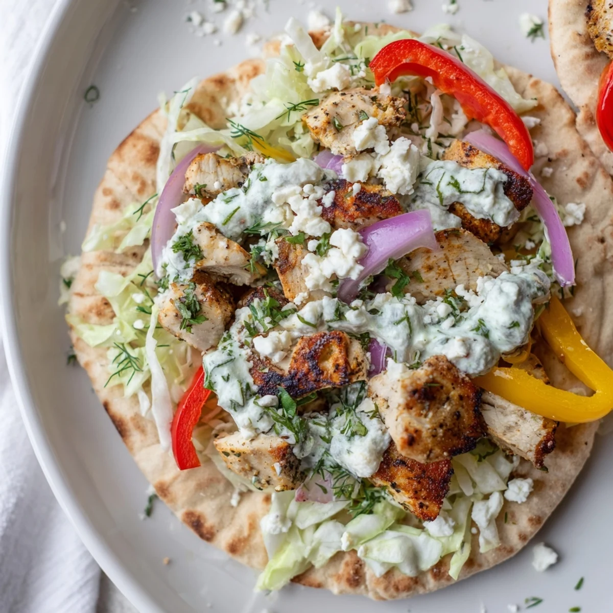 Warm pita bread stuffed with roasted chicken, bell peppers, and onions, topped with a creamy fresh herb ranch slaw for a flavorful meal.