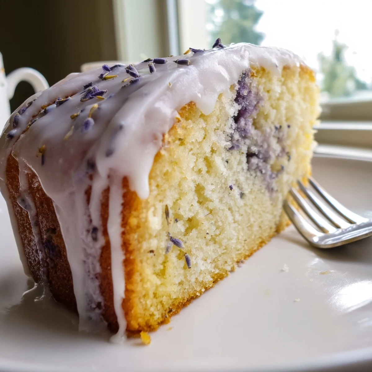 A slice of Lemon Lavender Cake glistening with sweet lemon glaze on a white plate, perfect with afternoon tea.