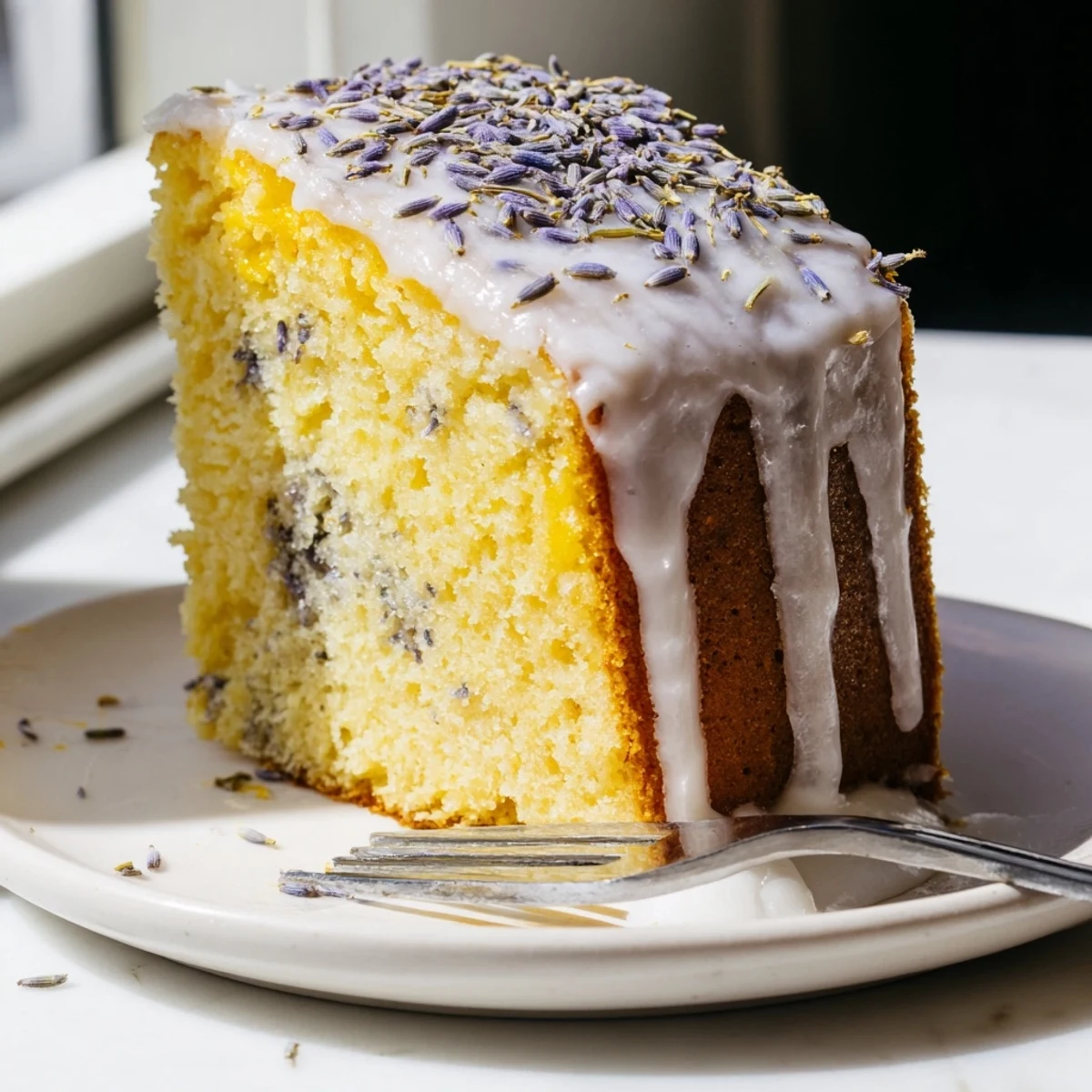 Moist and tender Lemon Lavender Cake drizzled with glaze, accompanied by a cup of hot Earl Grey tea.