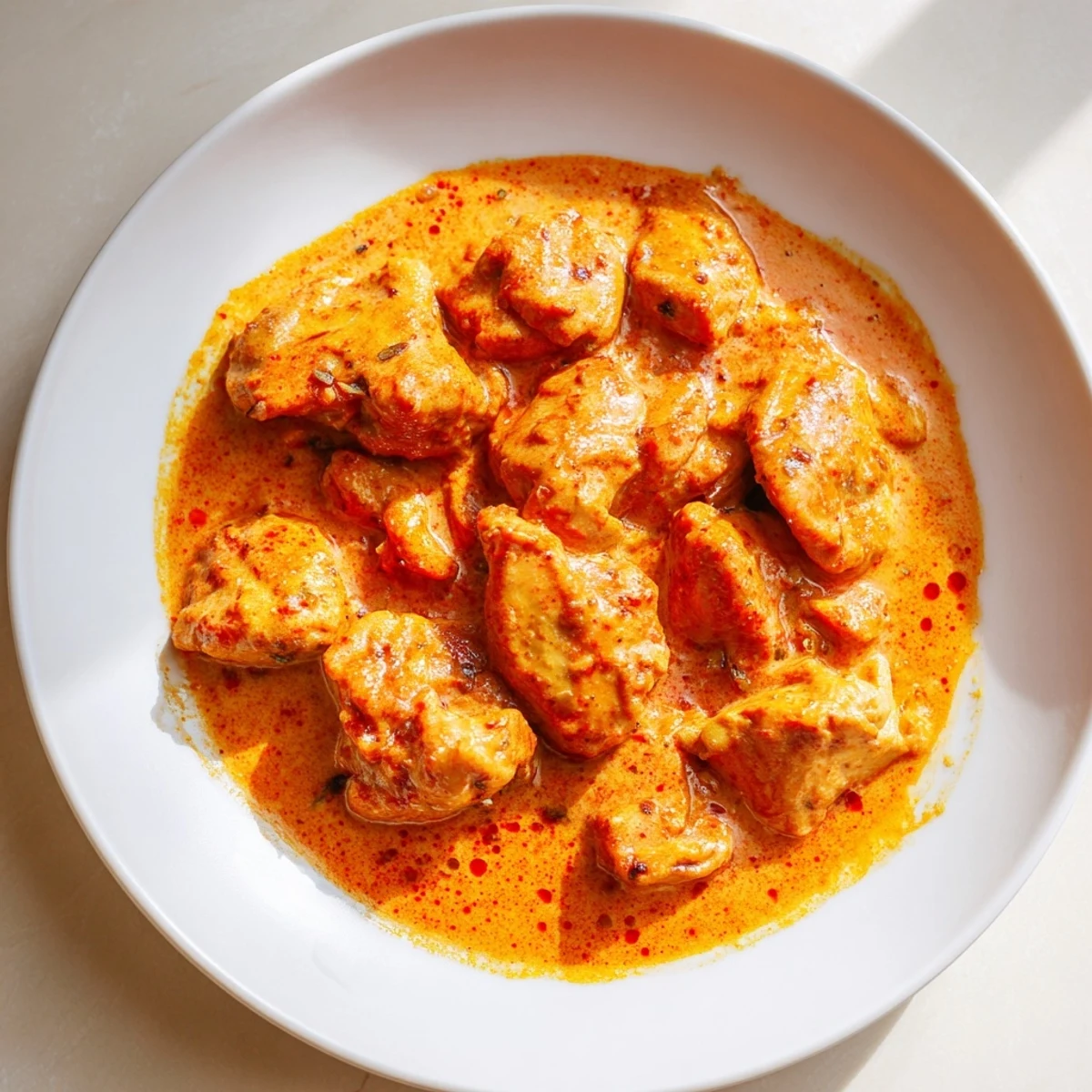 The finished 5 Ingredient Keto Butter Chicken in a cast-iron skillet, featuring tender chicken pieces coated in a rich, orange creamy sauce.  