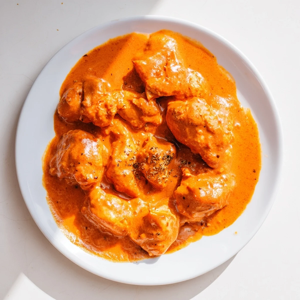 Close-up view of 5 Ingredient Keto Butter Chicken simmering in a skillet, highlighting the velvety, spiced sauce and golden-brown chicken.