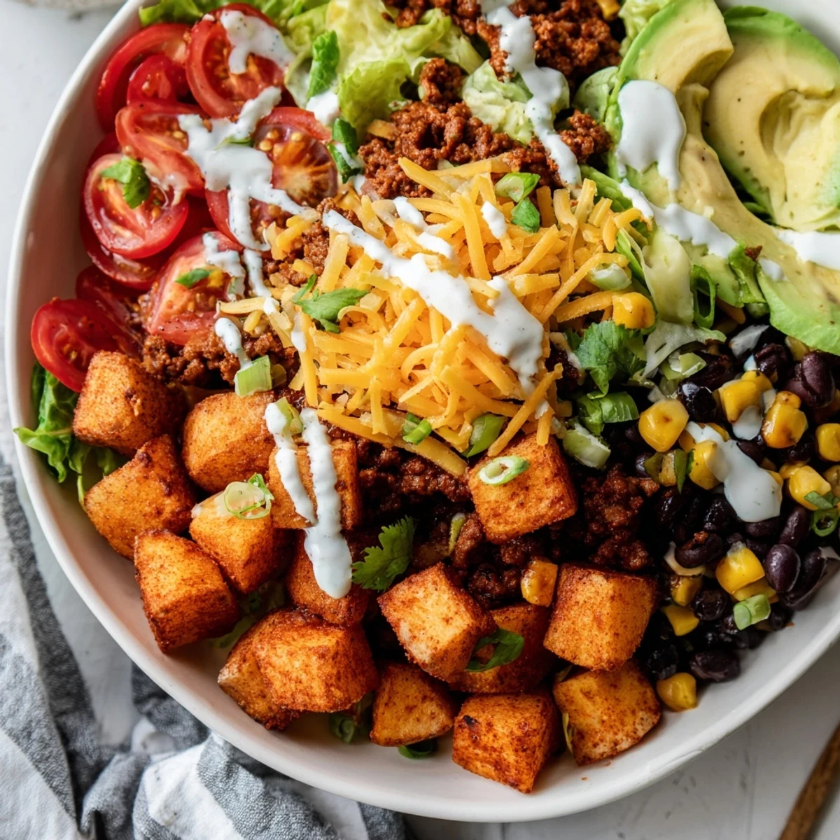 Golden crispy roasted potatoes loaded with seasoned taco beef, fresh lettuce, tomatoes, and a drizzle of lime crema.