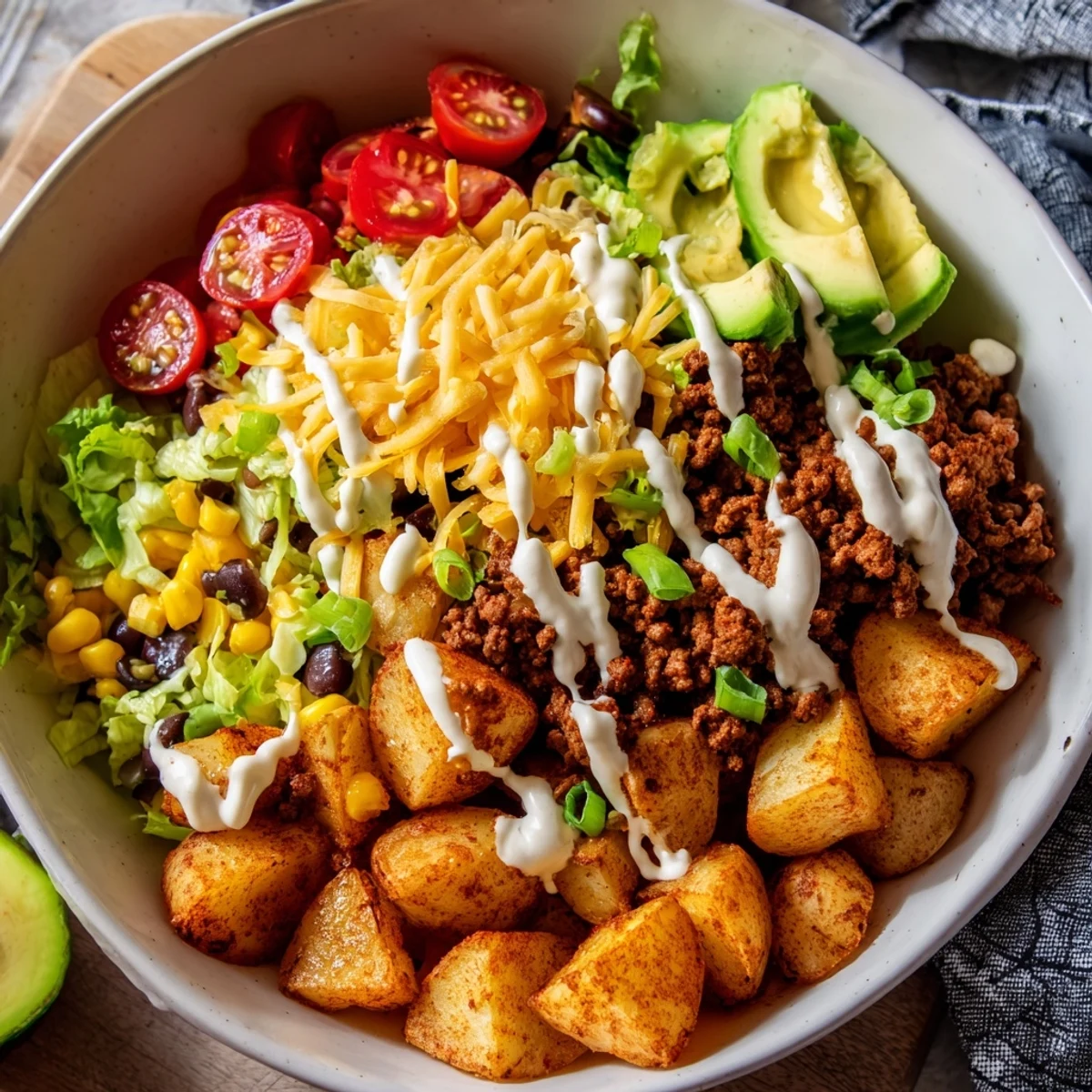 A hearty Loaded Potato Taco Bowl with black beans, corn, avocado, and melted cheddar cheese on a bed of russet potatoes.