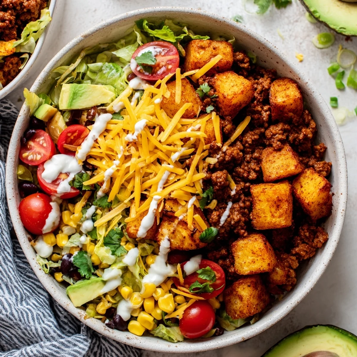 Tex-Mex Loaded Potato Taco Bowl featuring savory ground beef, diced potatoes, and vibrant toppings perfect for an easy family dinner.