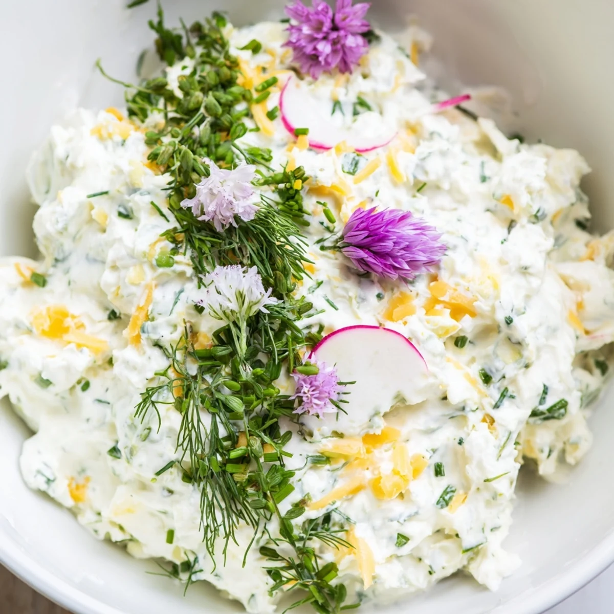 A bowl of Simple Easter Herb Cheese Dip garnished with fresh chives and edible flowers, ready for spring gatherings.  