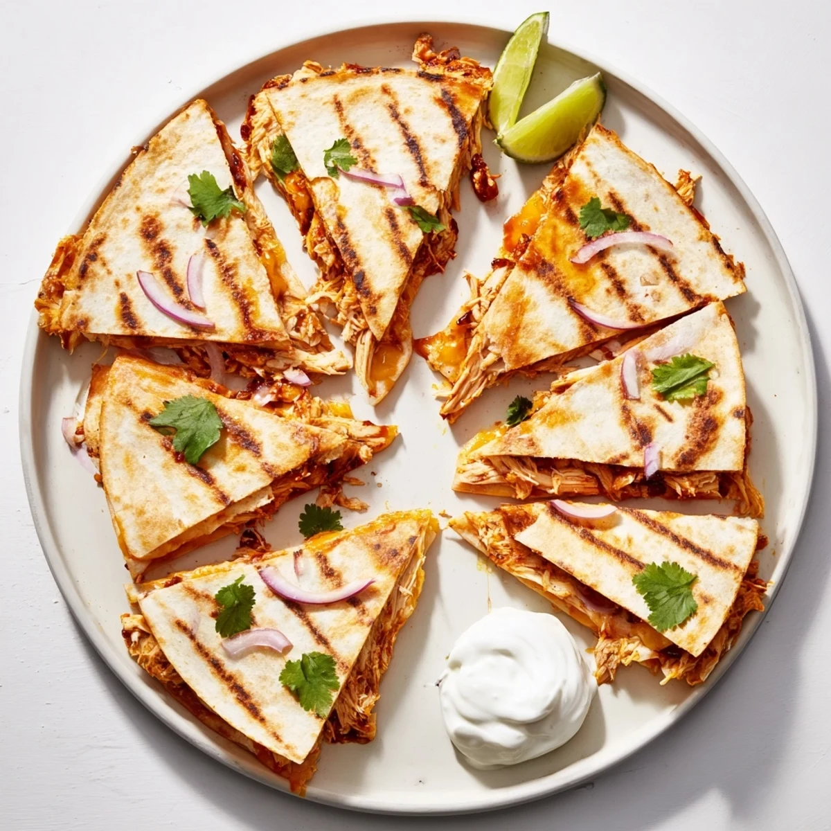 A close-up of Hot Honey BBQ Chicken Quesadillas with melted cheese oozing from the crispy tortilla and fresh cilantro garnish.