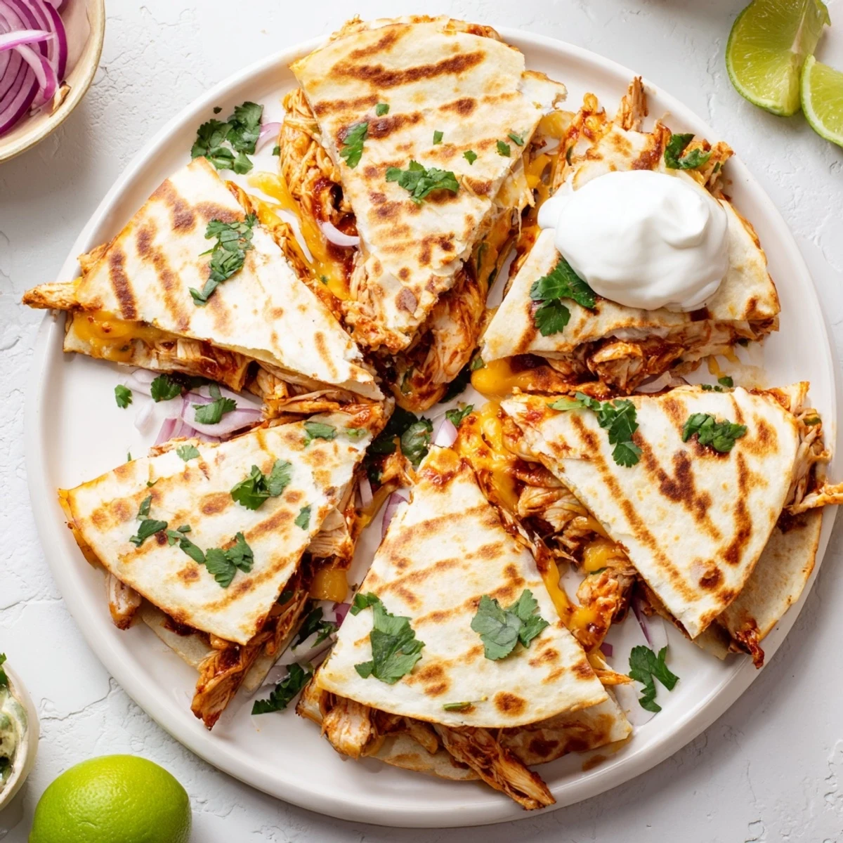 Hot Honey BBQ Chicken Quesadillas plated with sour cream and a side of vibrant red onion and lime slices.