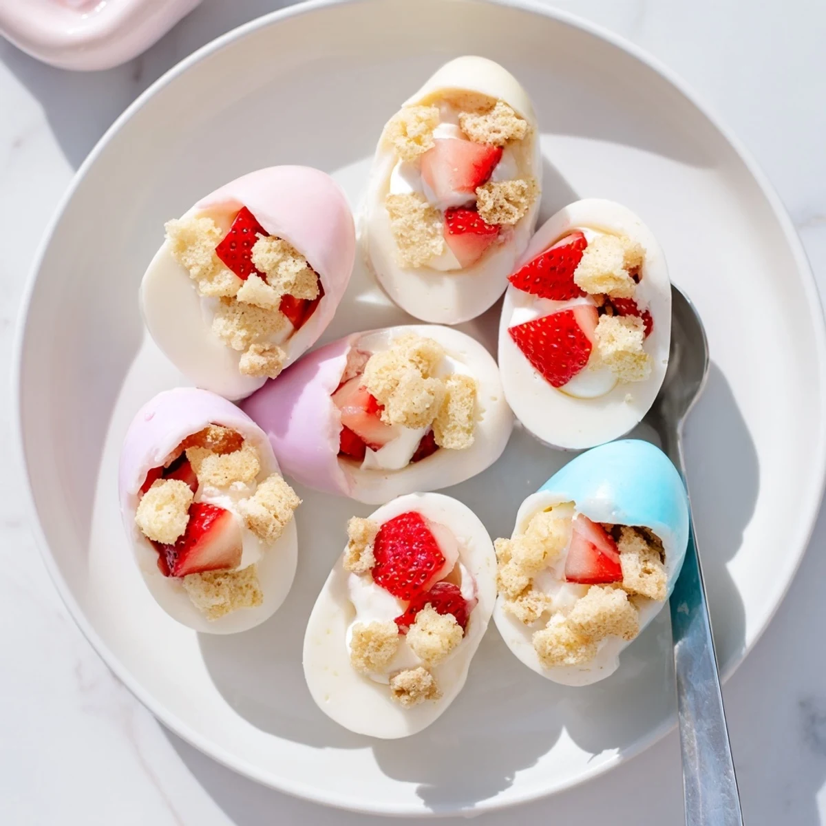 Close-up of golden Strawberry Shortcake Easter Egg Bombs filled with macerated strawberries and whipped cream, perfect for spring celebrations.